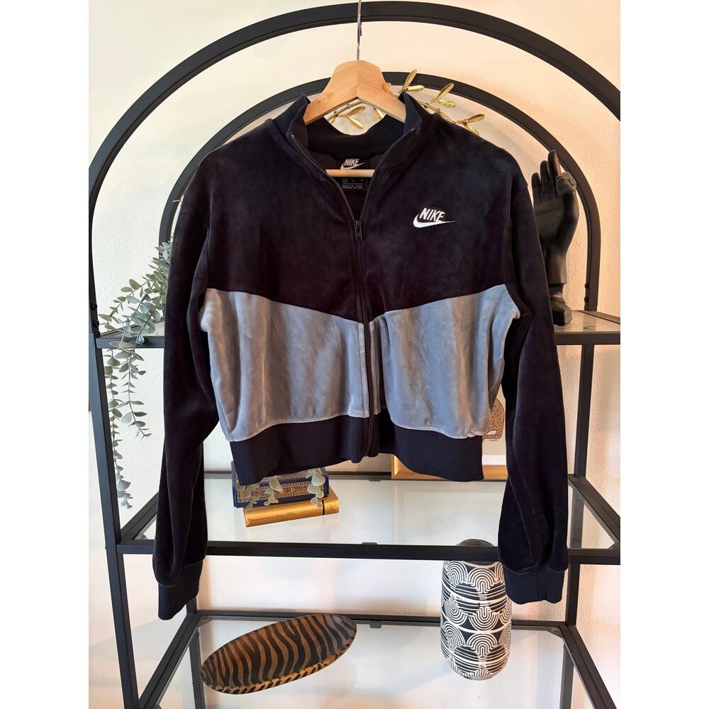 Nike Velour Cropped Track Jacket Womens Medium Black Gray Full Zip Y2K